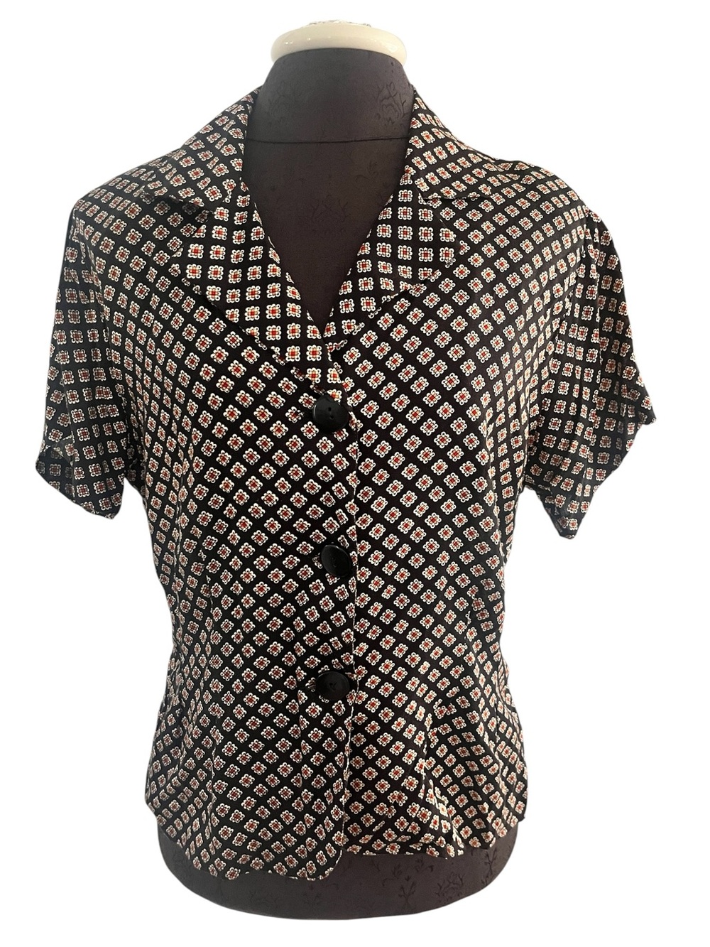 VNTG Pearl River Trading Company Tie Print Retro 40s Style Short Sleeve Blouse M